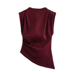Women's T-shirt Sleeveless T-Shirts Pleated Wine Red Casual Solid Color - H&A Outlet