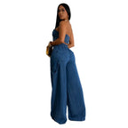 Women's Wear Autumn and Winter Hot Selling Explosions Casual Personality Denim Tube Top Rope Wide Leg Pants suit - H&A Outlet