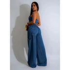 Women's Wear Autumn and Winter Hot Selling Explosions Casual Personality Denim Tube Top Rope Wide Leg Pants suit - H&A Outlet