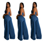 Women's Wear Autumn and Winter Hot Selling Explosions Casual Personality Denim Tube Top Rope Wide Leg Pants suit - H&A Outlet