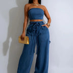 Women's Wear Autumn and Winter Hot Selling Explosions Casual Personality Denim Tube Top Rope Wide Leg Pants suit - H&A Outlet
