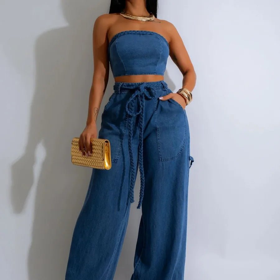 Women's Wear Autumn and Winter Hot Selling Explosions Casual Personality Denim Tube Top Rope Wide Leg Pants suit - H&A Outlet