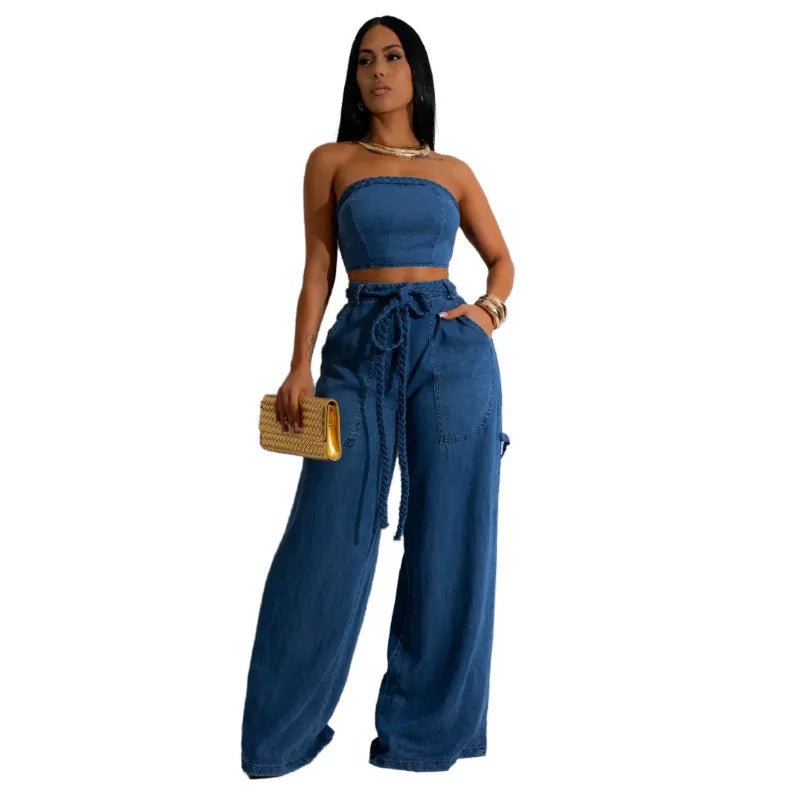 Women's Wear Autumn and Winter Hot Selling Explosions Casual Personality Denim Tube Top Rope Wide Leg Pants suit - H&A Outlet