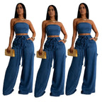 Women's Wear Autumn and Winter Hot Selling Explosions Casual Personality Denim Tube Top Rope Wide Leg Pants suit - H&A Outlet