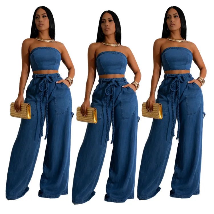 Women's Wear Autumn and Winter Hot Selling Explosions Casual Personality Denim Tube Top Rope Wide Leg Pants suit - H&A Outlet