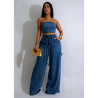 Women's Wear Autumn and Winter Hot Selling Explosions Casual Personality Denim Tube Top Rope Wide Leg Pants suit - H&A Outlet