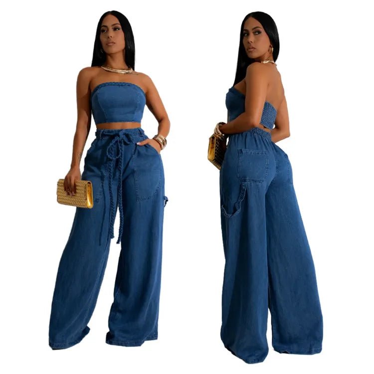 Women's Wear Autumn and Winter Hot Selling Explosions Casual Personality Denim Tube Top Rope Wide Leg Pants suit - H&A Outlet
